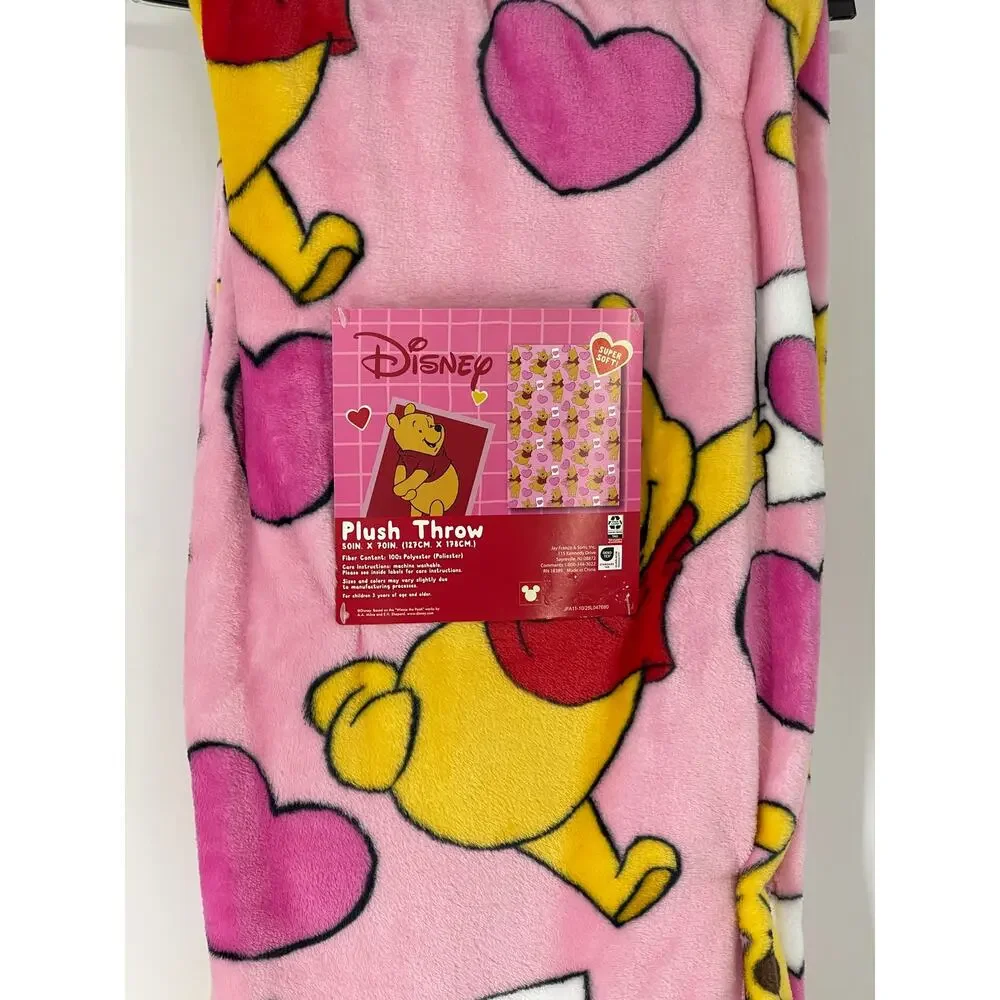 Disney Winnie the Pooh Pink Hearts Plush Throw Blanket 50 x 70 Soft Valentine's